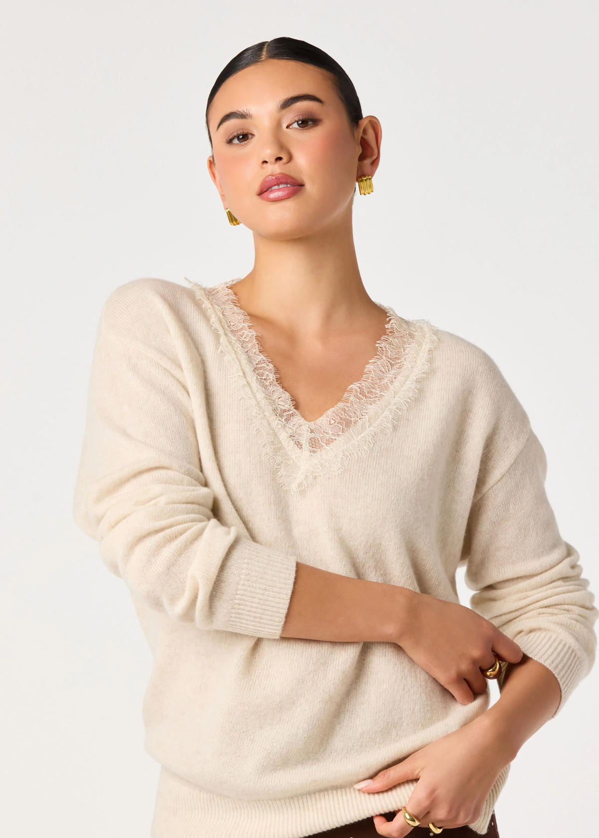 Jadyn V-Neck Lace Sweater - Ivory