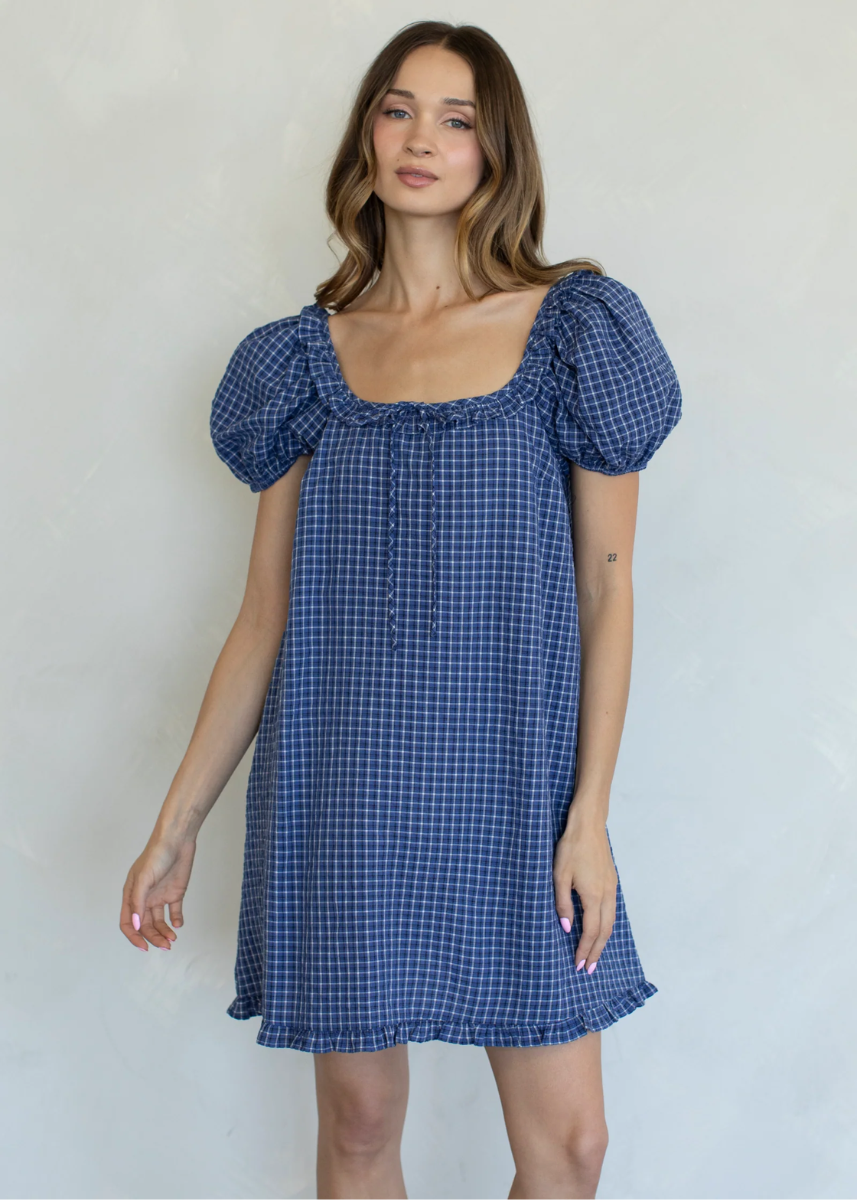 January Checker Ruffle Mini Dress - Blue