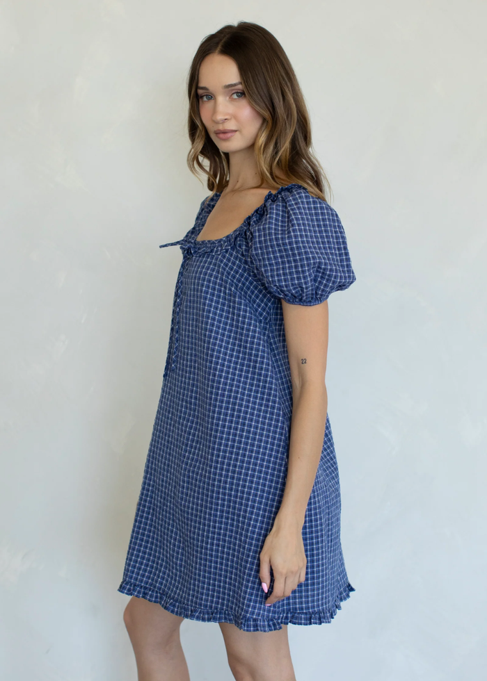 January Checker Ruffle Mini Dress - Blue