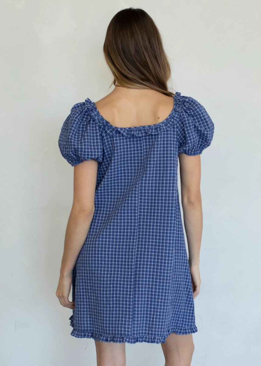 January Checker Ruffle Mini Dress - Blue