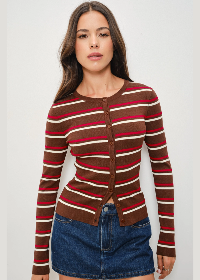 Kadie Striped Cardigan - Brown Ivory & Red