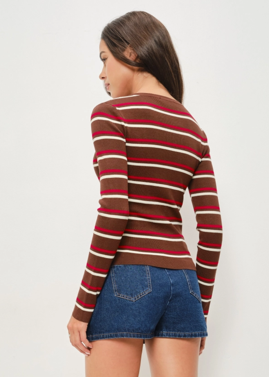 Kadie Striped Cardigan - Brown Ivory & Red