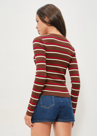 Kadie Striped Cardigan - Brown Ivory & Red