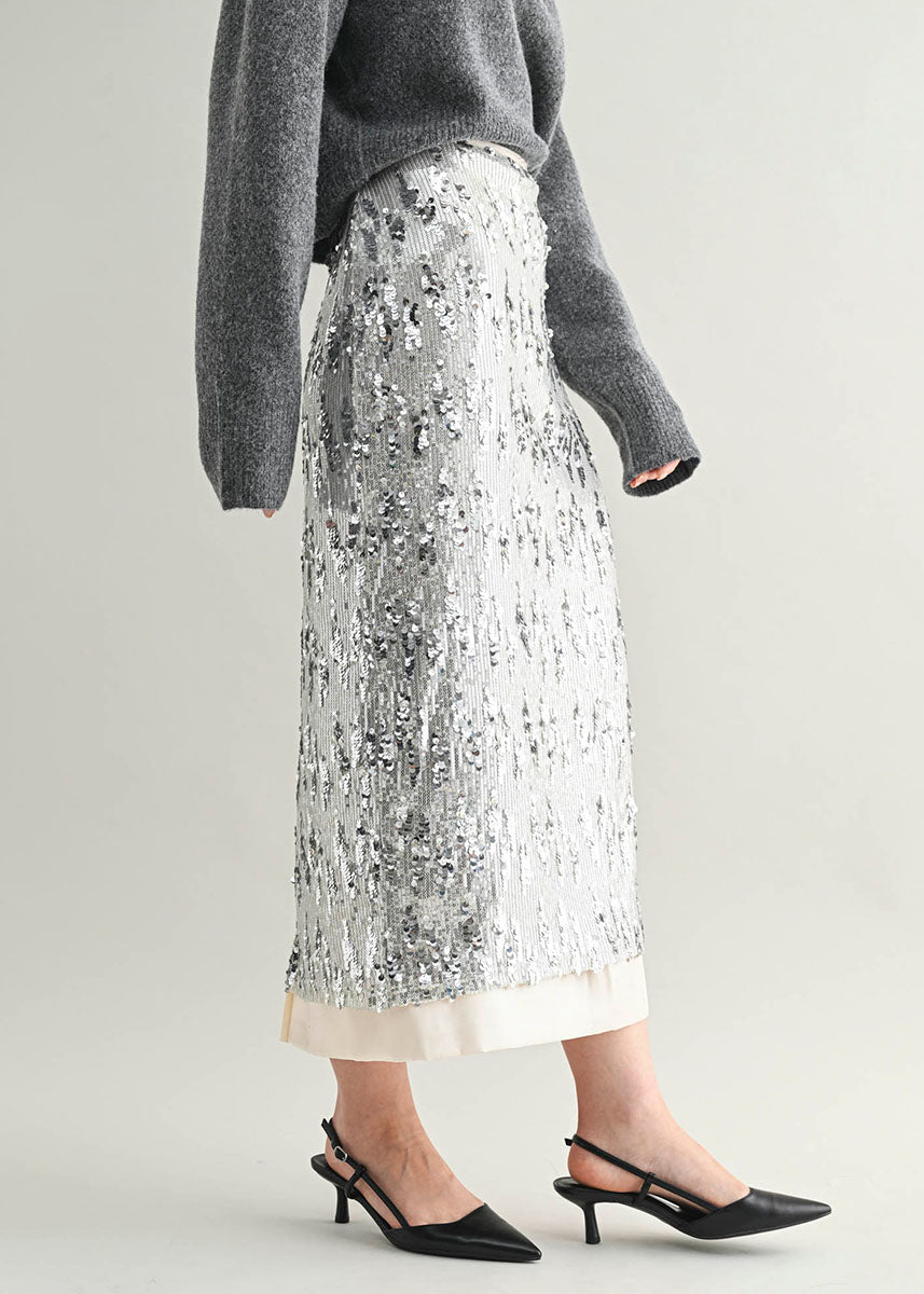Esther Sequin Midi Skirt - Silver