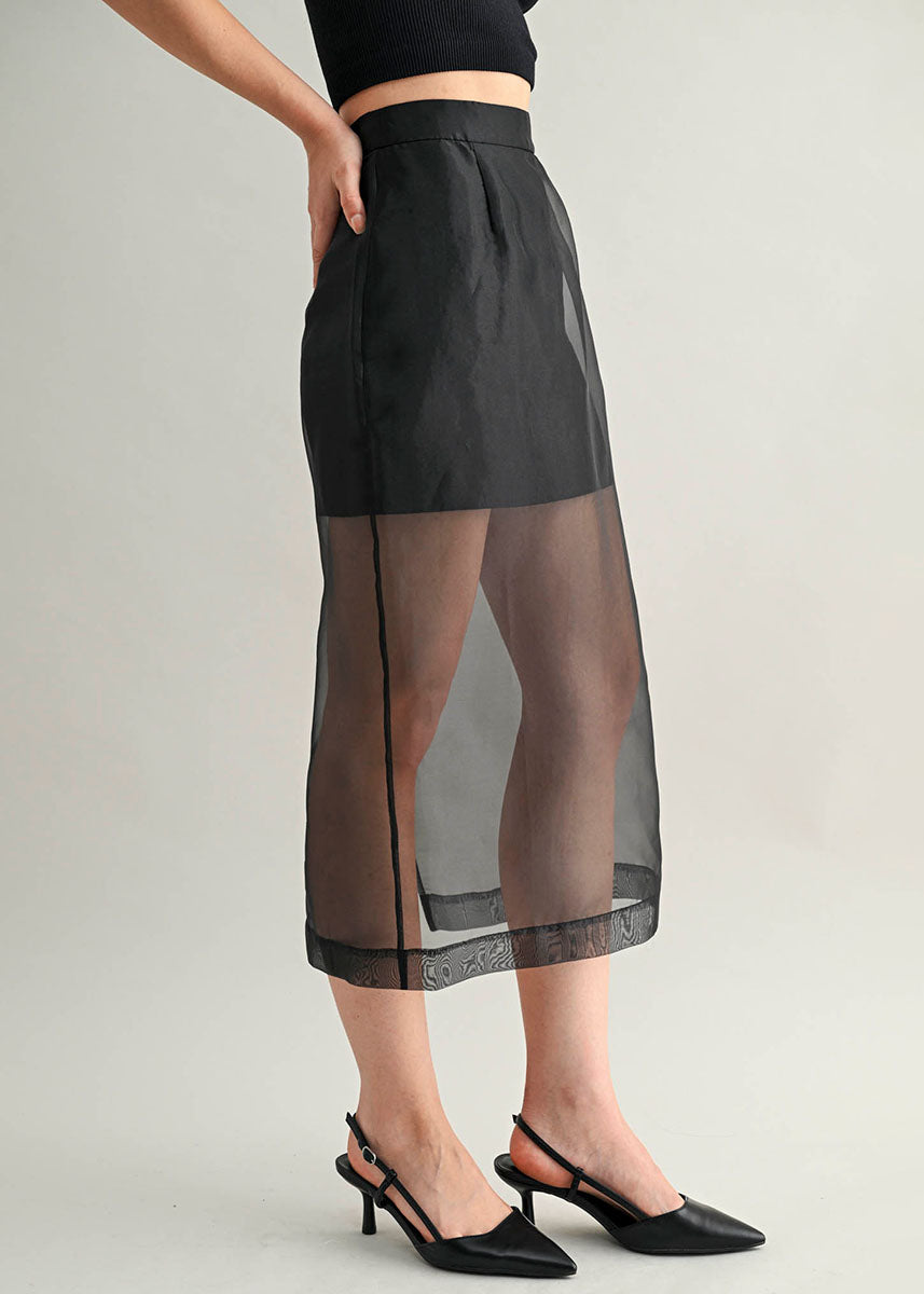 Giada Organza Sheer Midi Skirt - Black