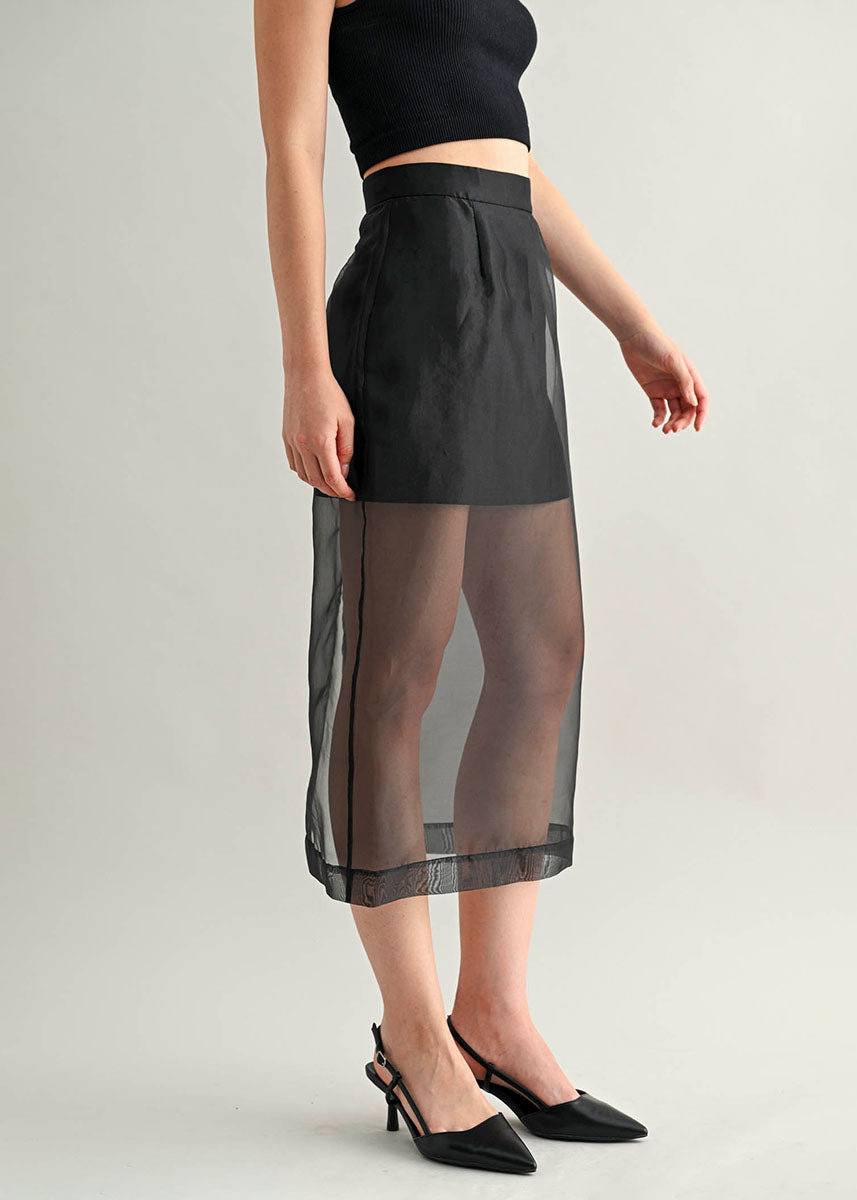 Giada Organza Sheer Midi Skirt - Black