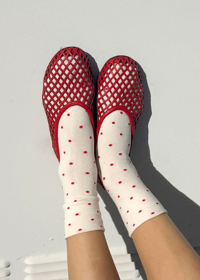 Polka Dot Sneaker Socks - Cream & Red