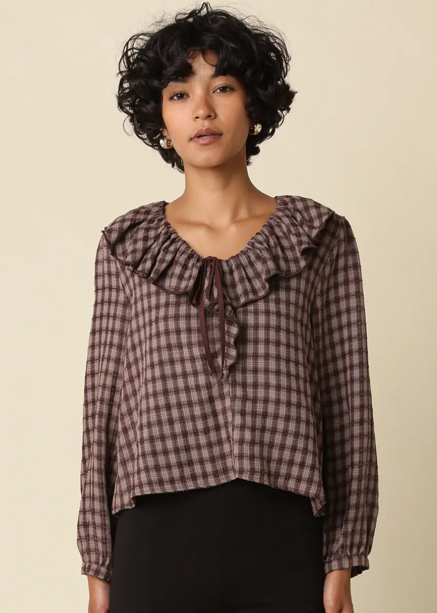 Leslie Gingham Ruffle Blouse - Brown