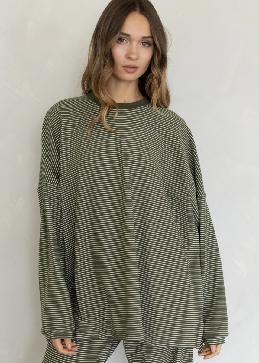 Levi Striped Fleece Oversized Top - Olive