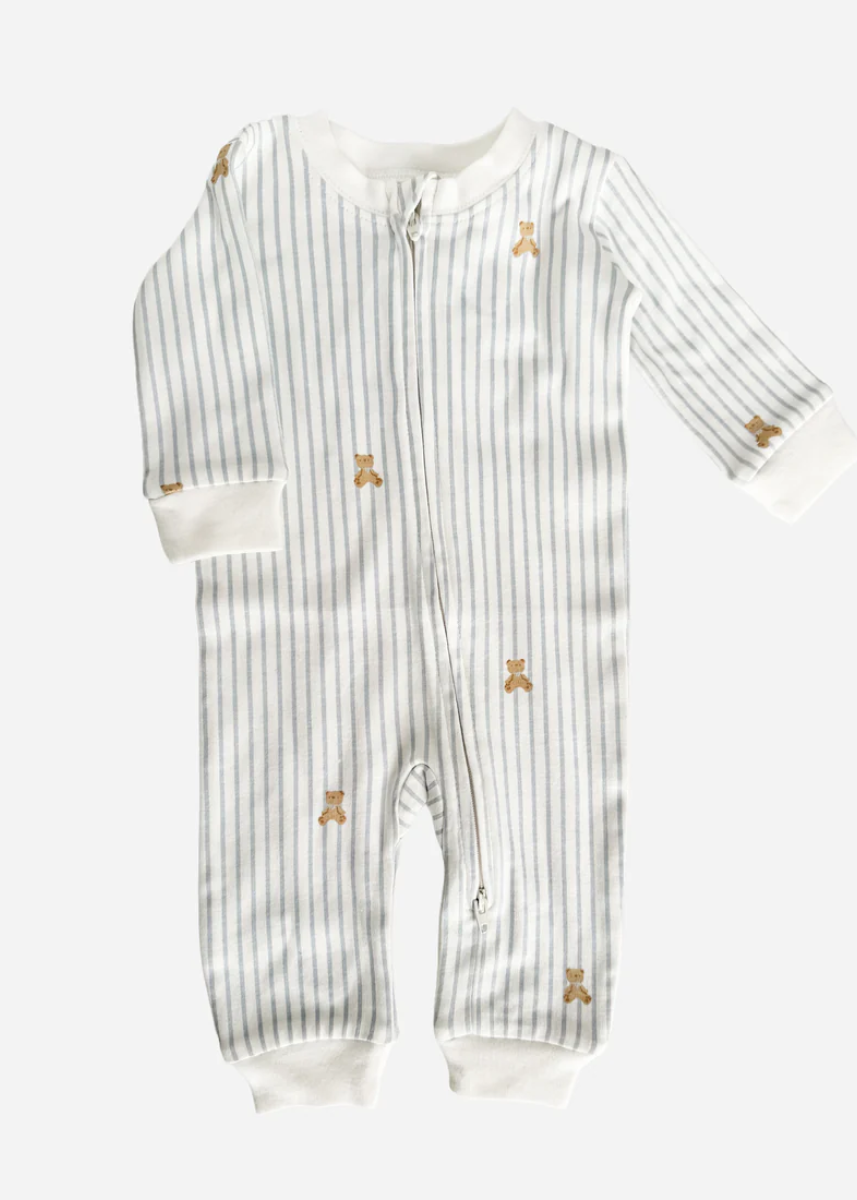 Long Sleeve Zipper Romper - Teddy Stripes