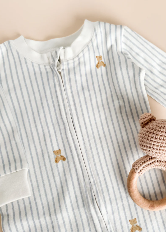 Long Sleeve Zipper Romper - Teddy Stripes