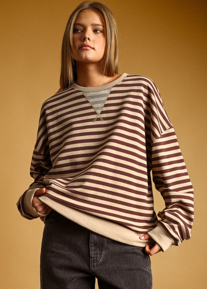 Maela Striped Long Sleeve Pullover - Brown & Tan