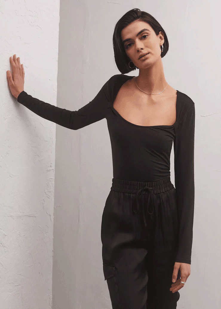 Mara Knotted Long Sleeve Top - Black