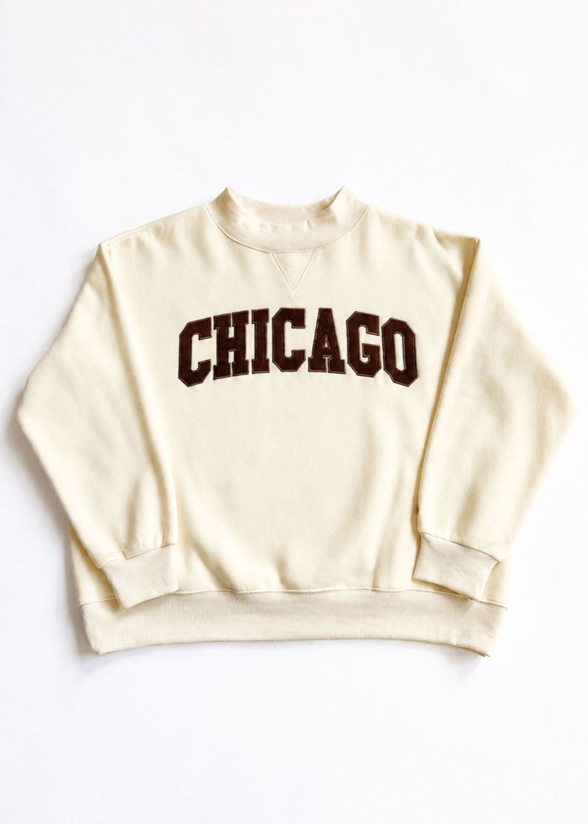 Chicago Collegiate Cord Mock Neck Sweatshirt - Ivory & Espresso