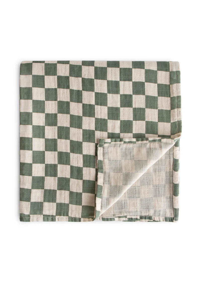 Muslin Swaddle Organic Cotton Blanket - Olive Check
