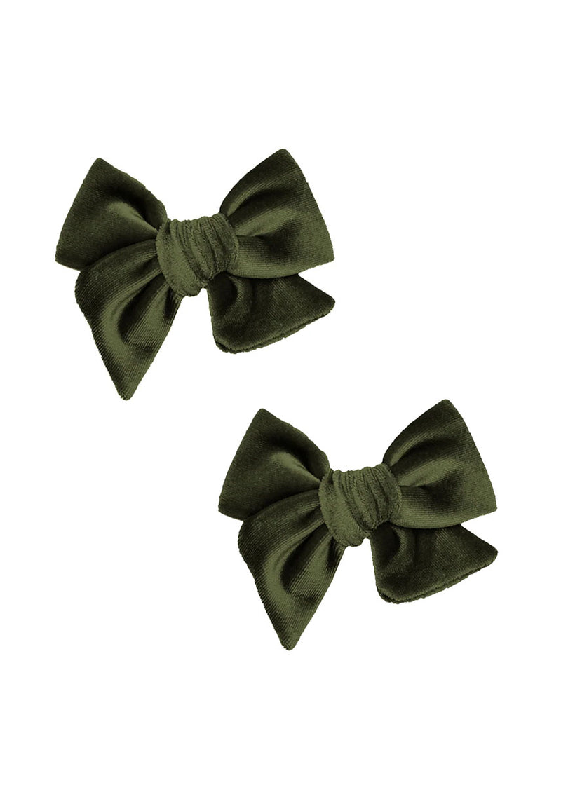 Small Velvet Bow Clip Pigtail Set - Olive