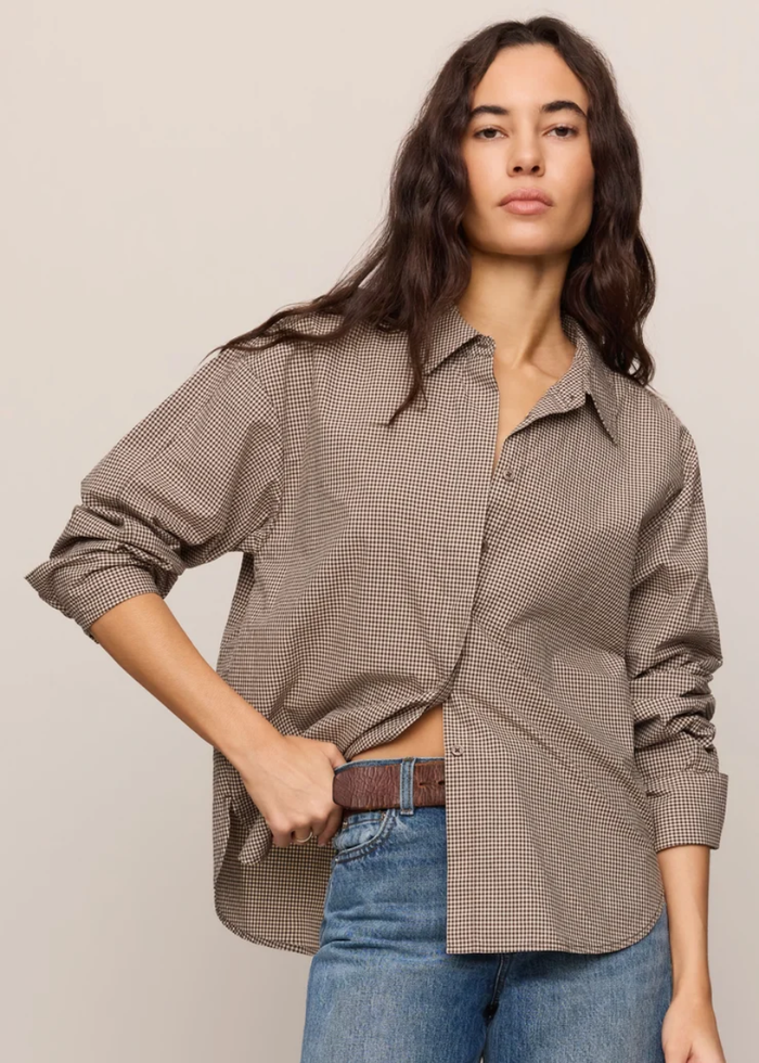 On Duty Gingham Button Up Top - Dark Chocolate