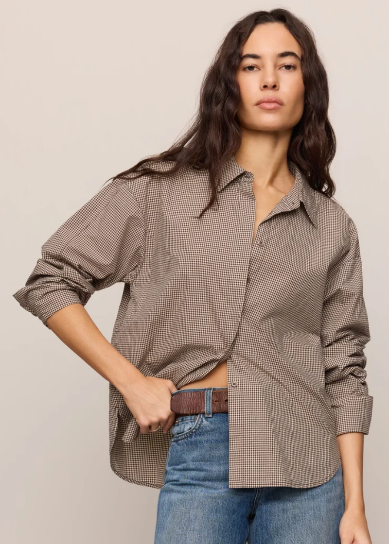 On Duty Gingham Button Up Top - Dark Chocolate