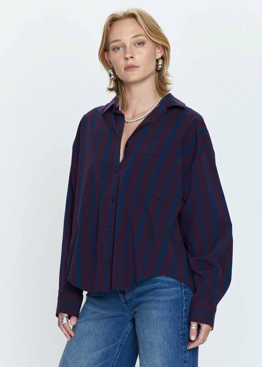 Sloane Oversized Button Down Shirt - Aubergine Cobalt Stripe