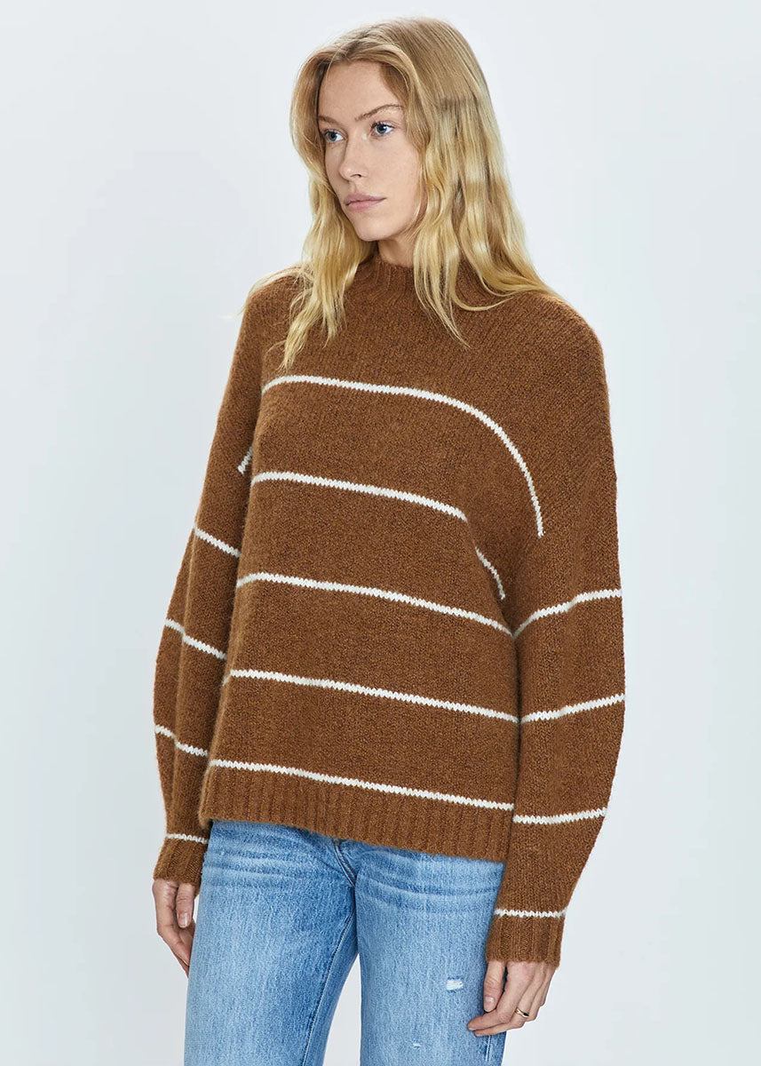 Carlen Mock Neck Sweater - Caramel White Stripe
