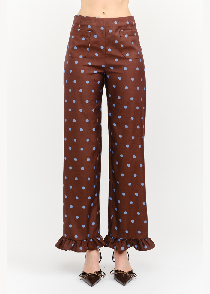 Paloma Straight Ruffle Gingham Pant - Brown