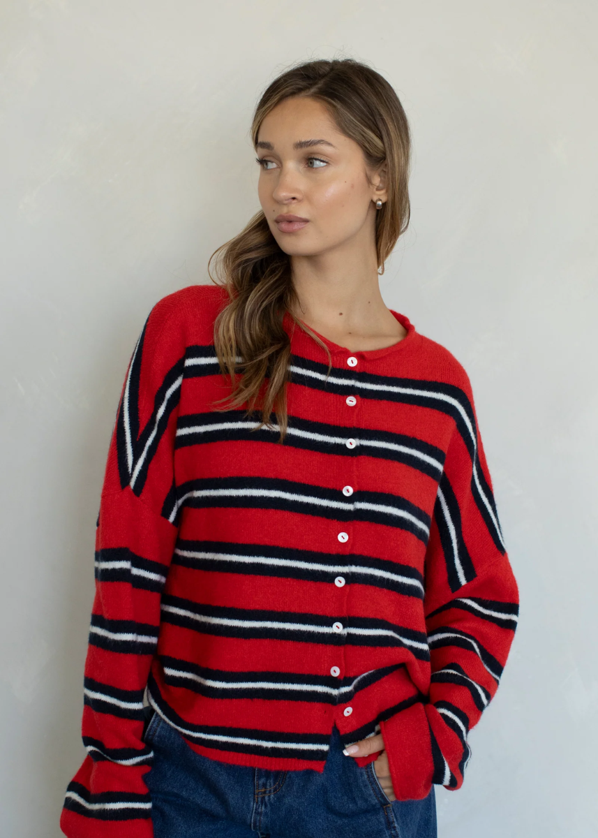 Piper Varsity Stripe Cardigan - Tomato Red