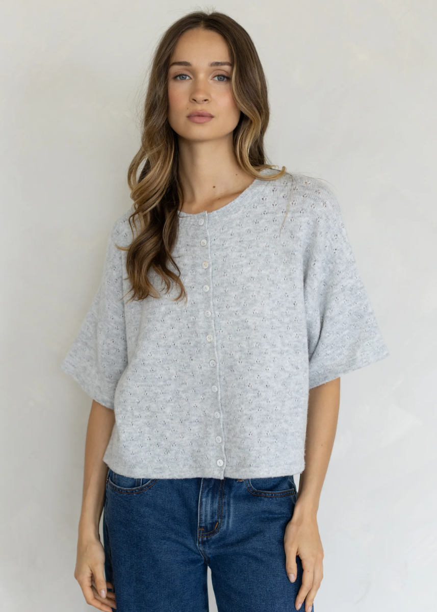 Pointelle Short Sleeve Cardigan - Heather Grey