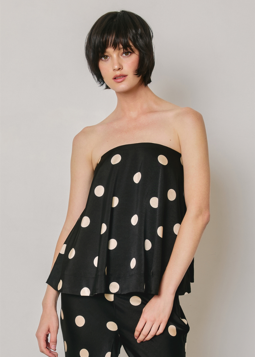 Polka Dot Strapless Bow Back Top - Black & Cream