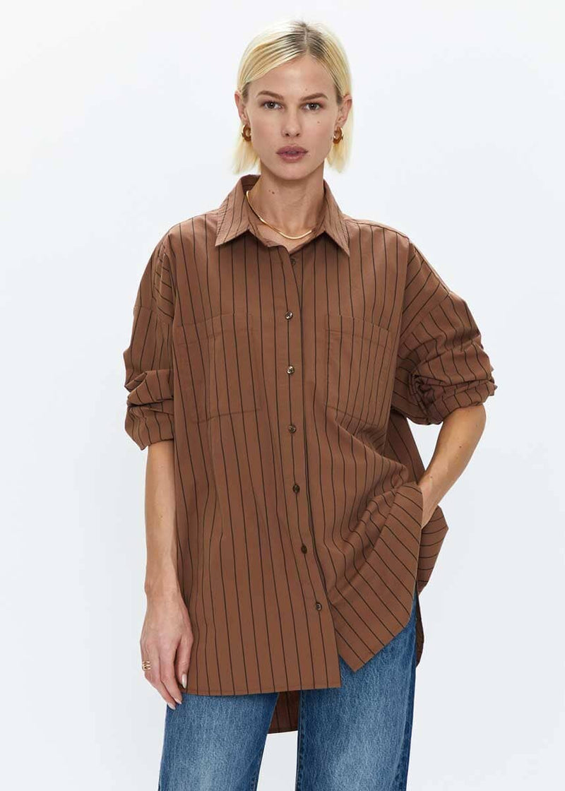Rena Button Down Tunic Shirt - Chestnut Noir Stripe