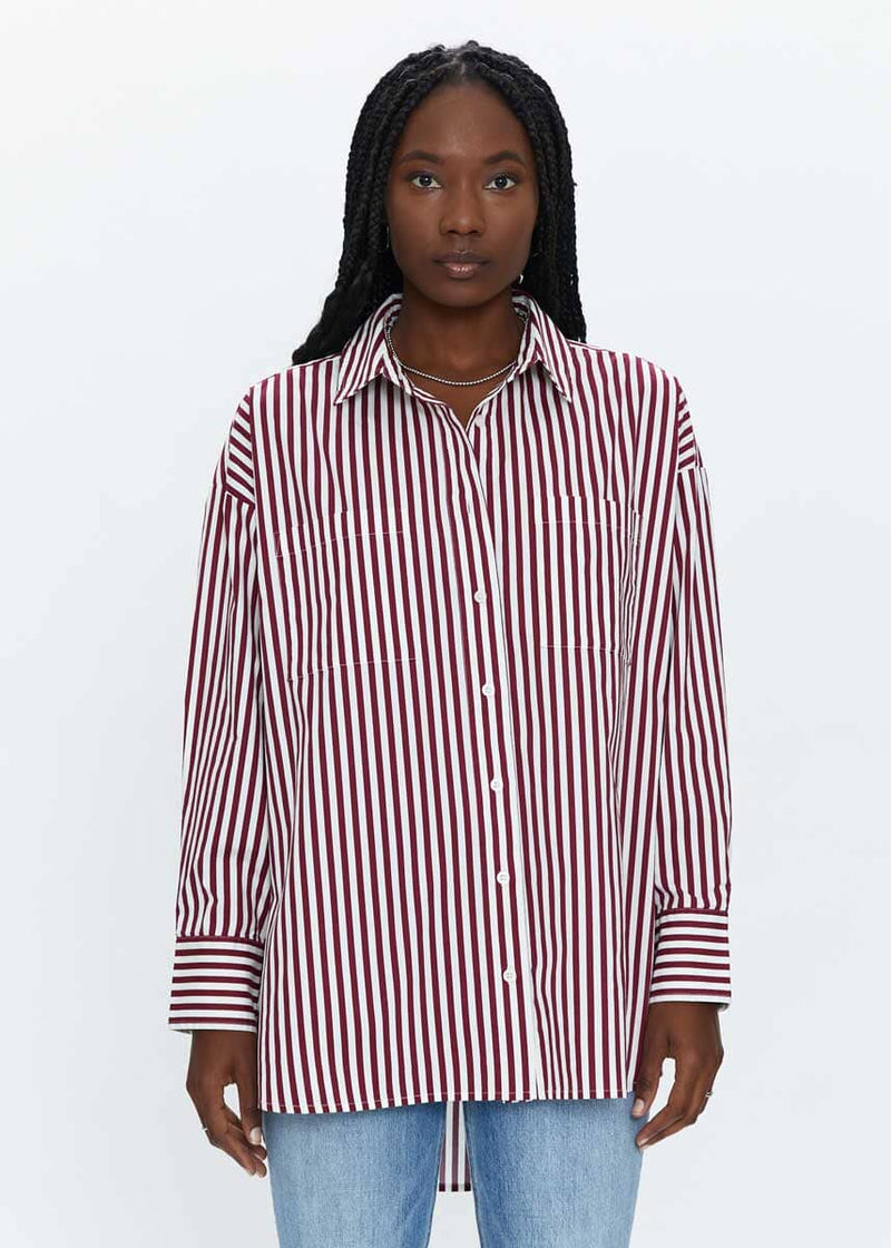 Rena Button Down Tunic Shirt - Ivory Bordeaux Stripe