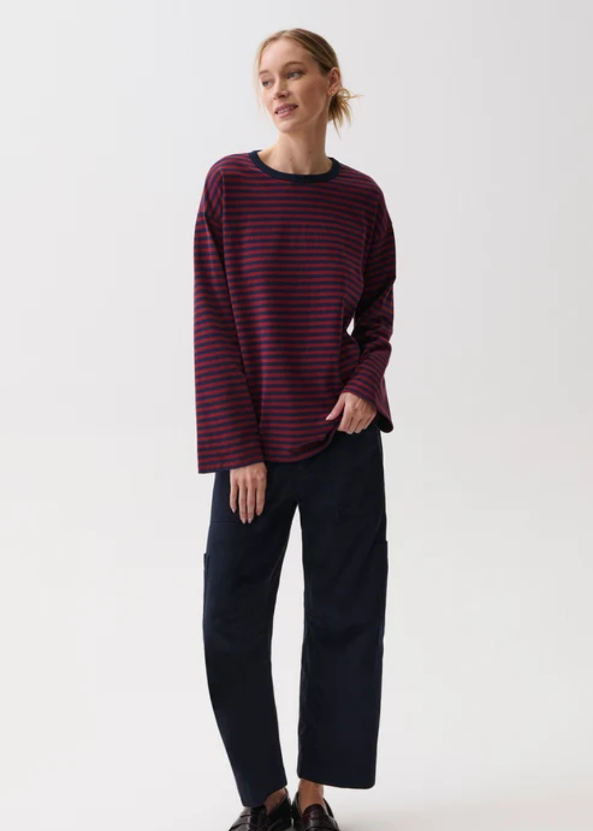 Reena Long Sleeve Oversized Tee - Velvet Navy Stripe