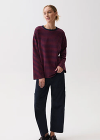 Reena Long Sleeve Oversized Tee - Velvet Navy Stripe