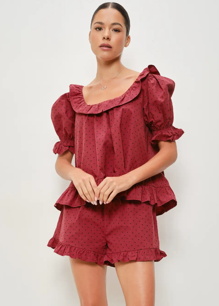Rohan Frill Polka Dot Blouse - Brick Red