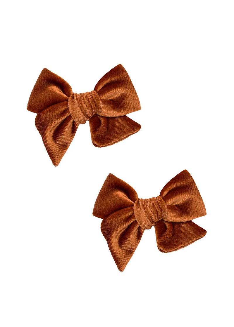 Small Velvet Bow Clip Pigtail Set - Rust