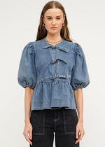 Norah Poplin Tie Puff-Sleeve Top - Medium Denim