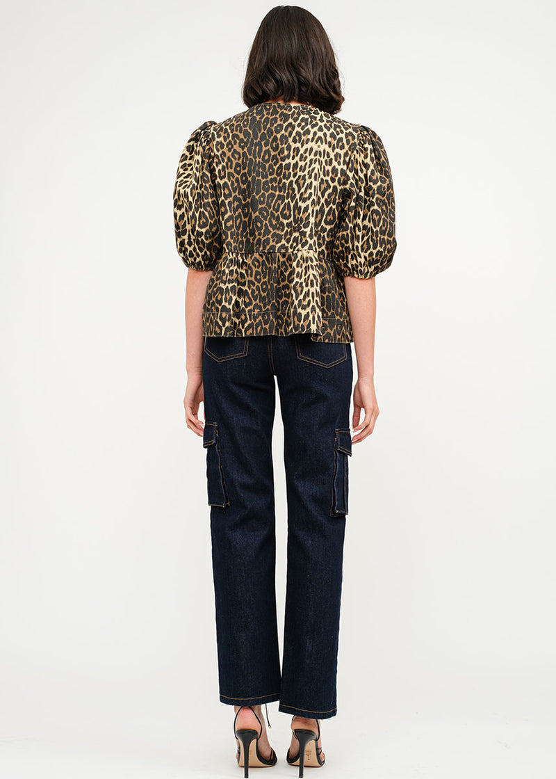 Norah Poplin Tie Puff-Sleeve Top - Leopard