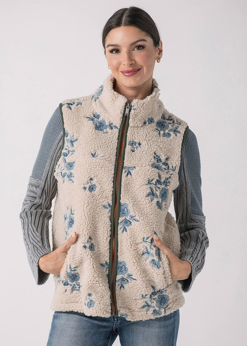 Hyacinth Sherpa Floral Vest - Cream