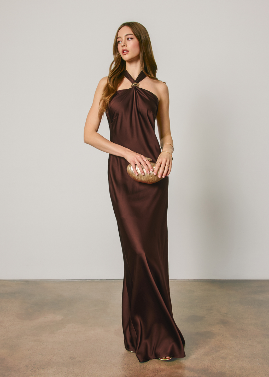 Satin Gold Trim Halter Maxi Dress - Rum Raisin