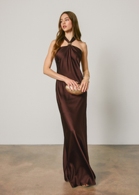 Satin Gold Trim Halter Maxi Dress - Rum Raisin