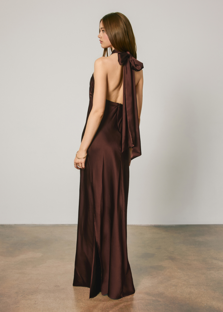 Satin Gold Trim Halter Maxi Dress - Rum Raisin
