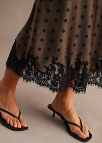 Satin Polka Dot Lace Trim Midi Skirt - Dark Brown