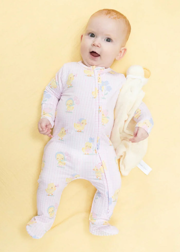 2-Way Zipper Footie - Vintage Spring Ducklings Pink