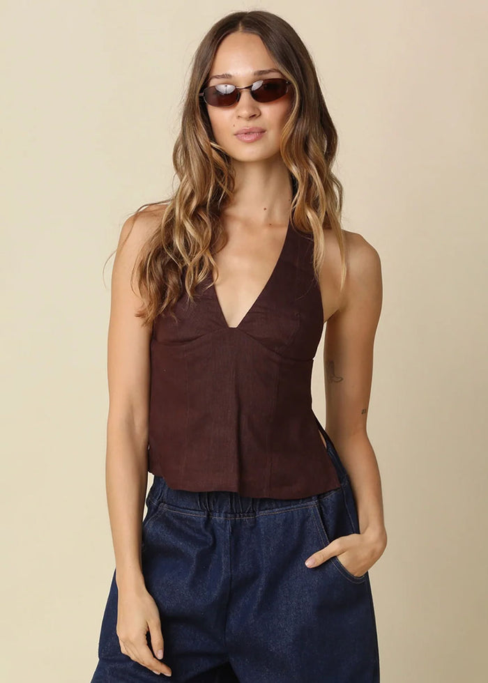 Charlie Halter Linen Top - Brown