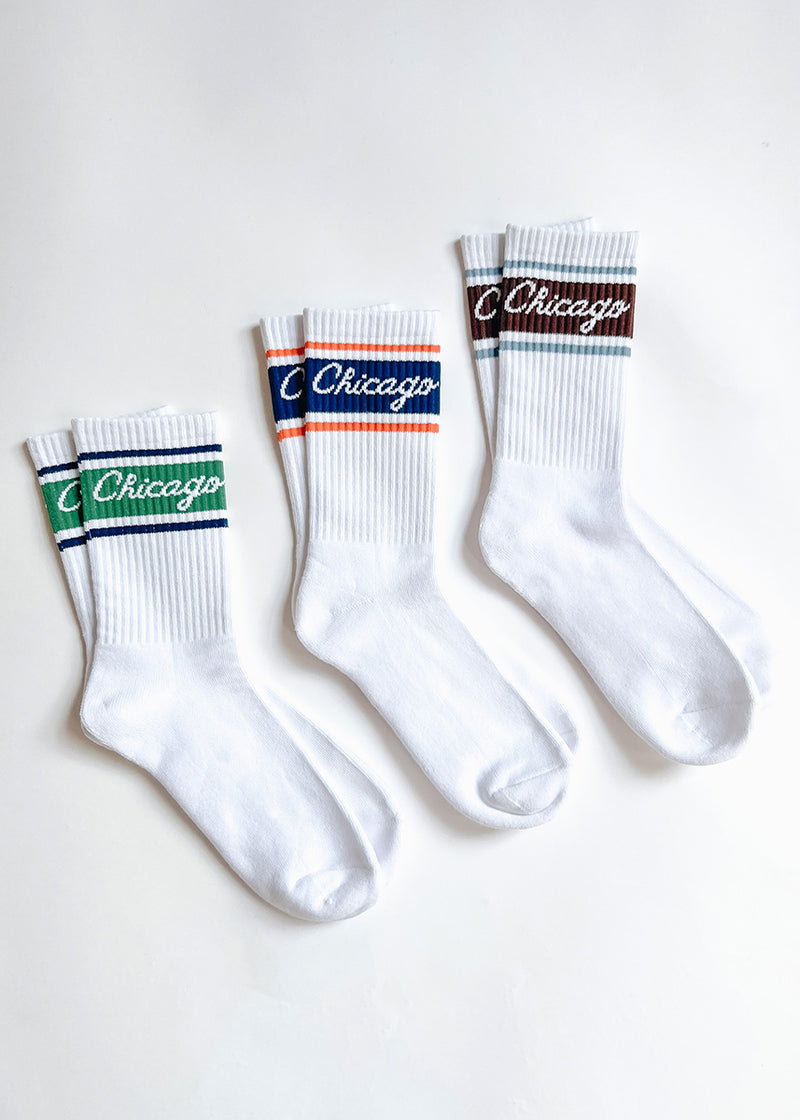Chicago Script Triple Stripe Long Crew Sock - Green & Navy