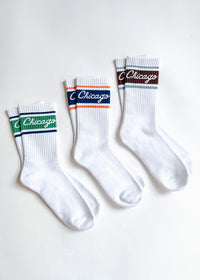 Chicago Script Triple Stripe Long Crew Sock - Espresso & Blue