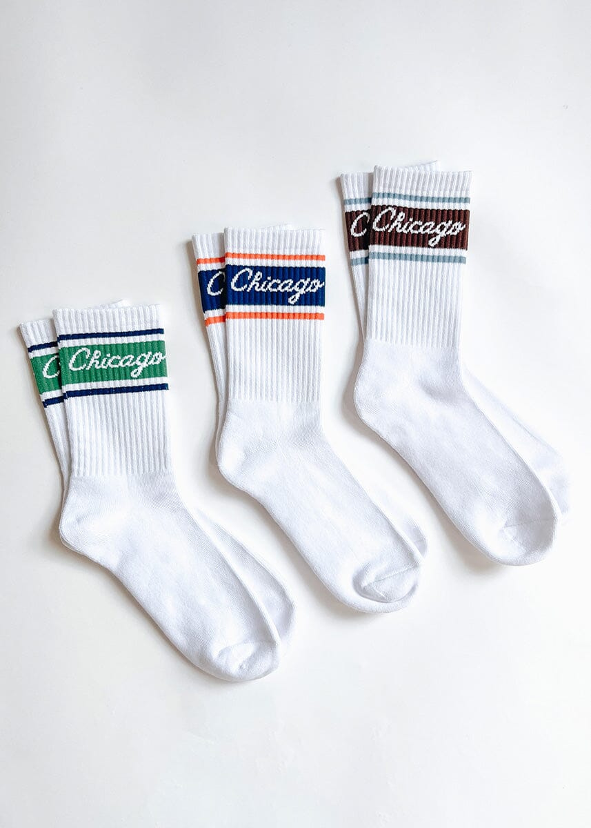 Chicago Script Triple Stripe Long Crew Sock - Navy & Orange