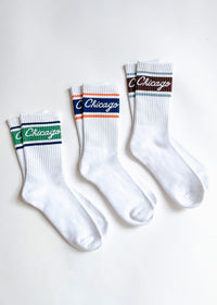 Chicago Script Triple Stripe Long Crew Sock - Navy & Orange