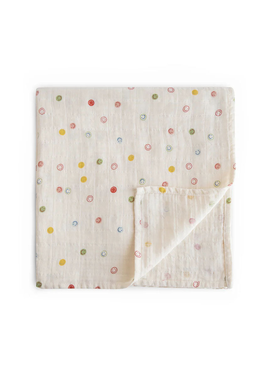Organic Cotton Muslin Swaddle Blanket - Smiley Face