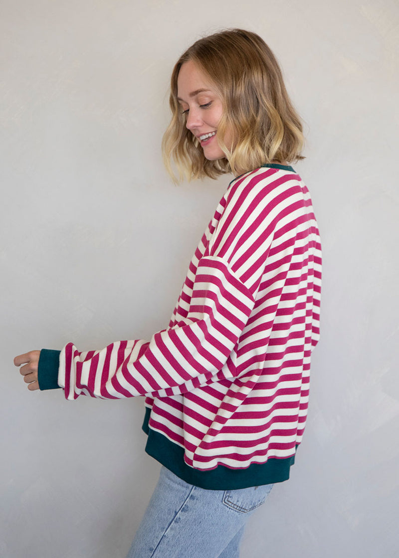 Beck Stripe Color Contrast Sweatshirt - Magenta