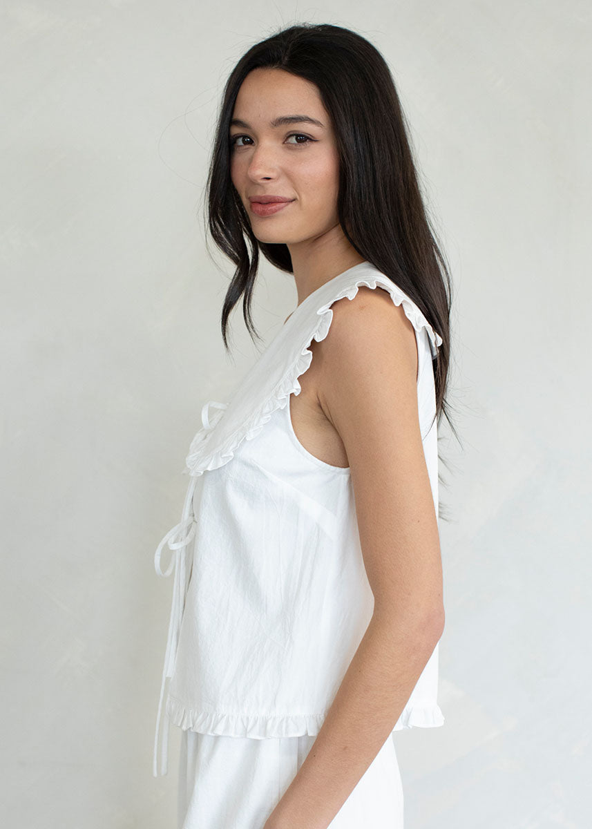 June Ruffle Collar Tie Top - White